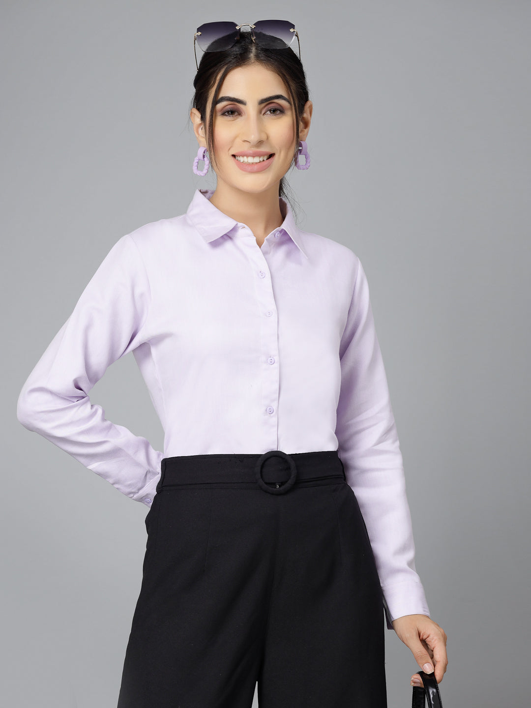 Style Quotient Women Self Design Lilac polycotton Formal Shirt foreverformals.in