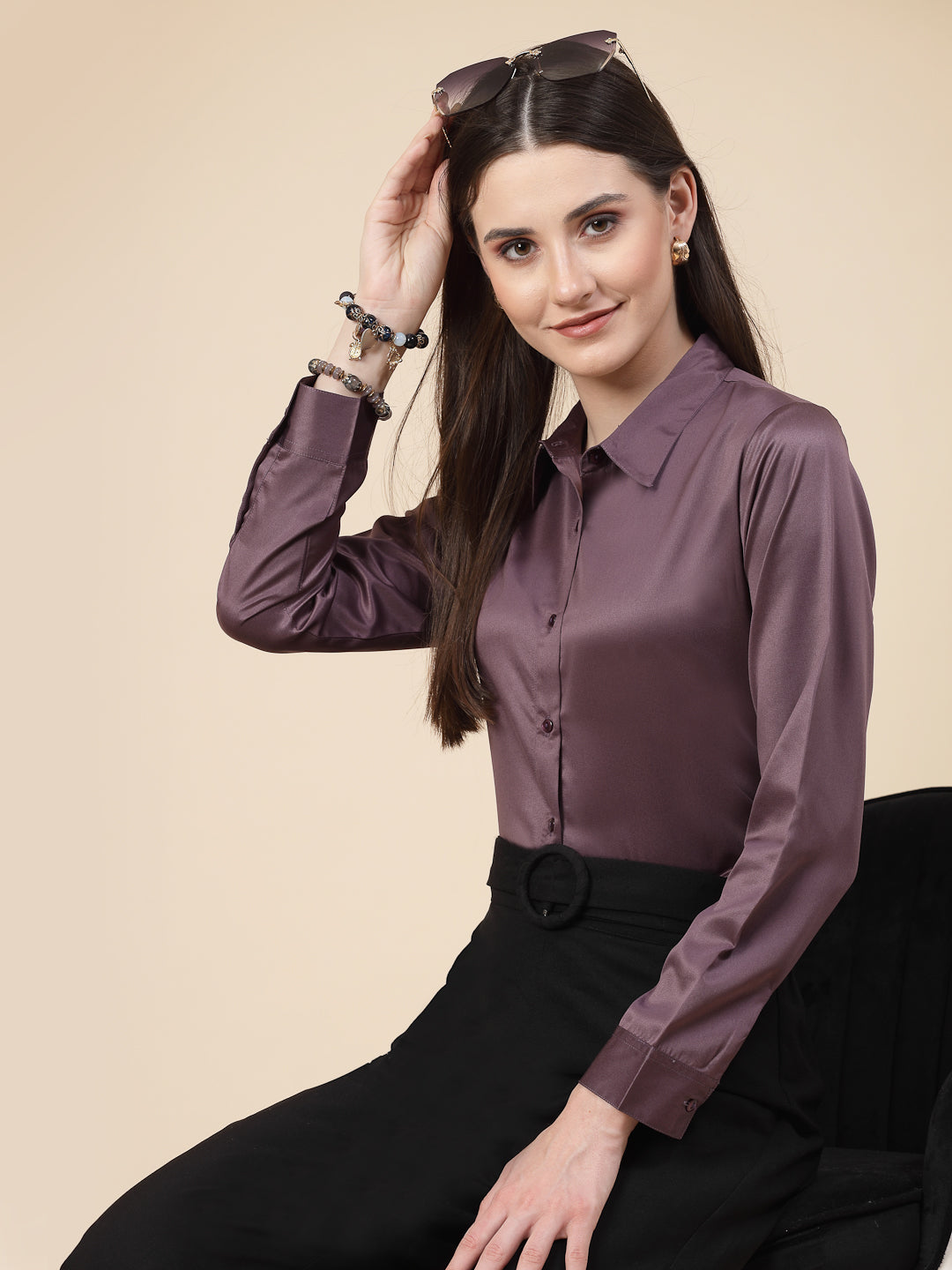 Style Quotient Women Mauve Satin Regular Formal Shirt foreverformals.in