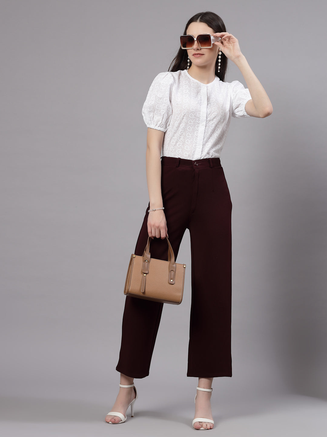 Style Quotient Women White Smart Round Neck Button Down Top