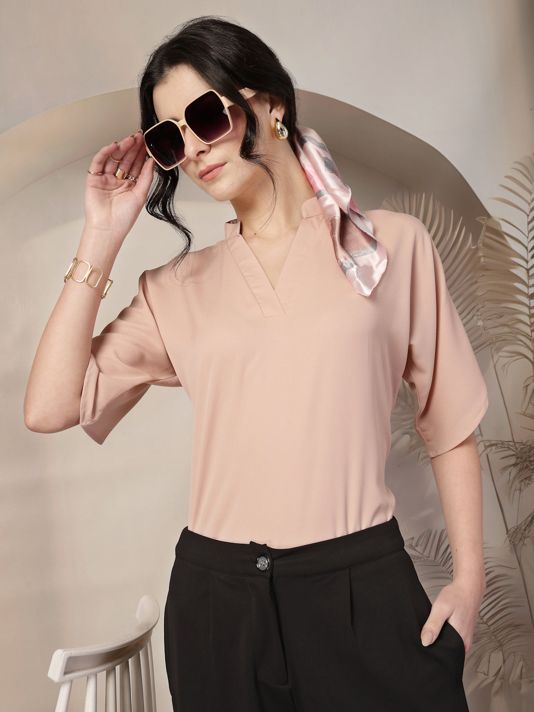 Style Quotient Women Solid Nude Polymoss Formal Top