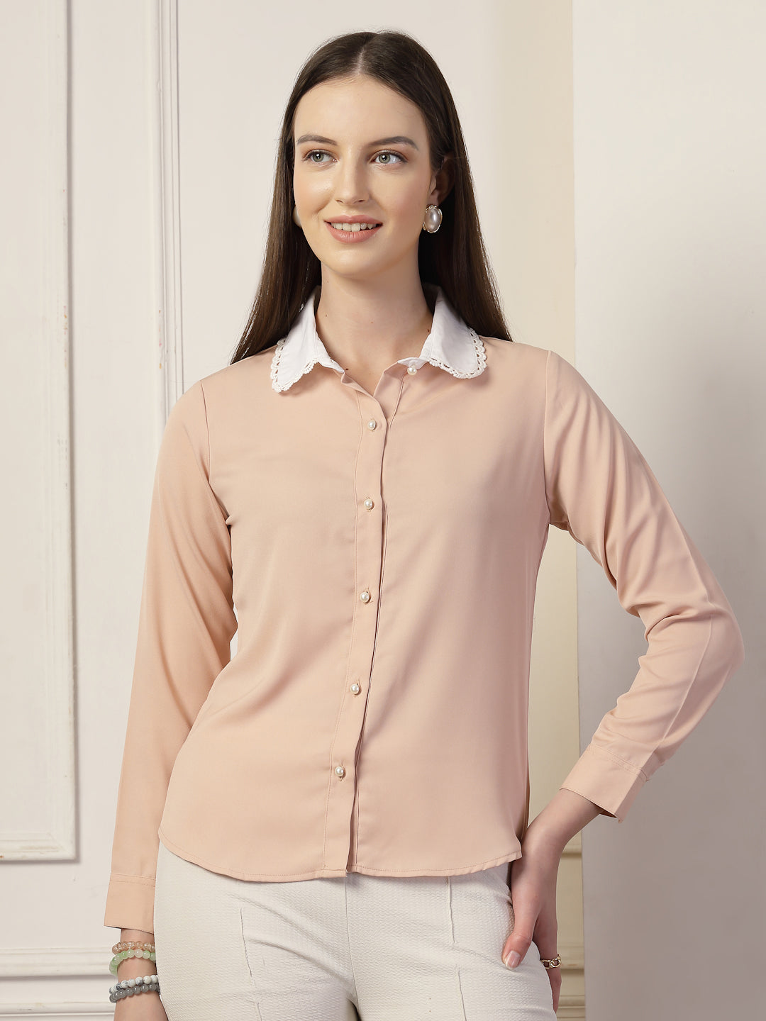 Style Quotient Women Nude And White Solid Polyester Formal Shirt