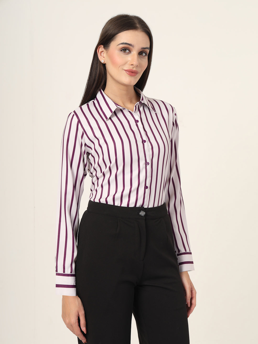 Style Quotient Women Magenta And Off White Stripe Printed Polyester Regular Fit Formal Shirt