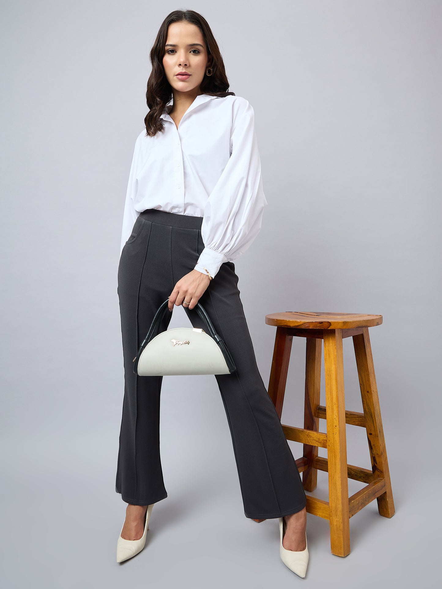 Style Quotient Women Solid Grey Self Design Polyester Formal Trouser