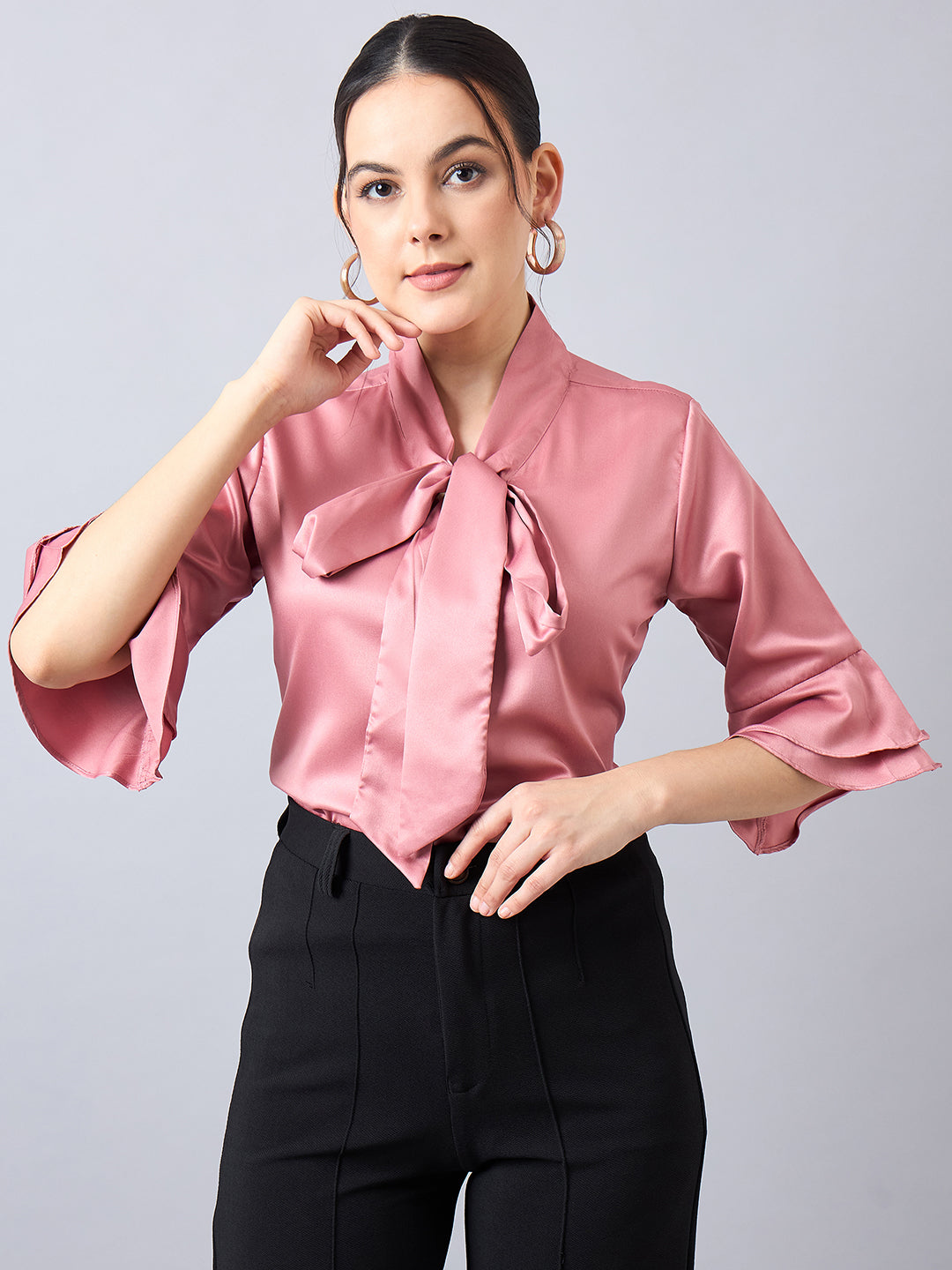 Style Quotient Women Tie-Up with Bell Sleeves Satin Top