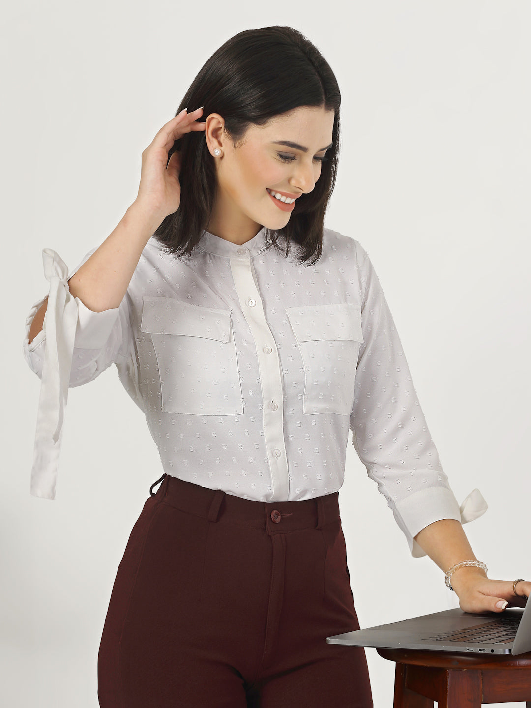 Style Quotient Women Self Design White Swiss Dot Regular Fit Formal Shirt