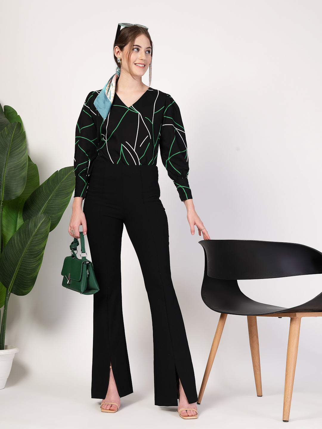 Style Quotient Women Black Multi Printed Regular Fit Formal Polyester Top