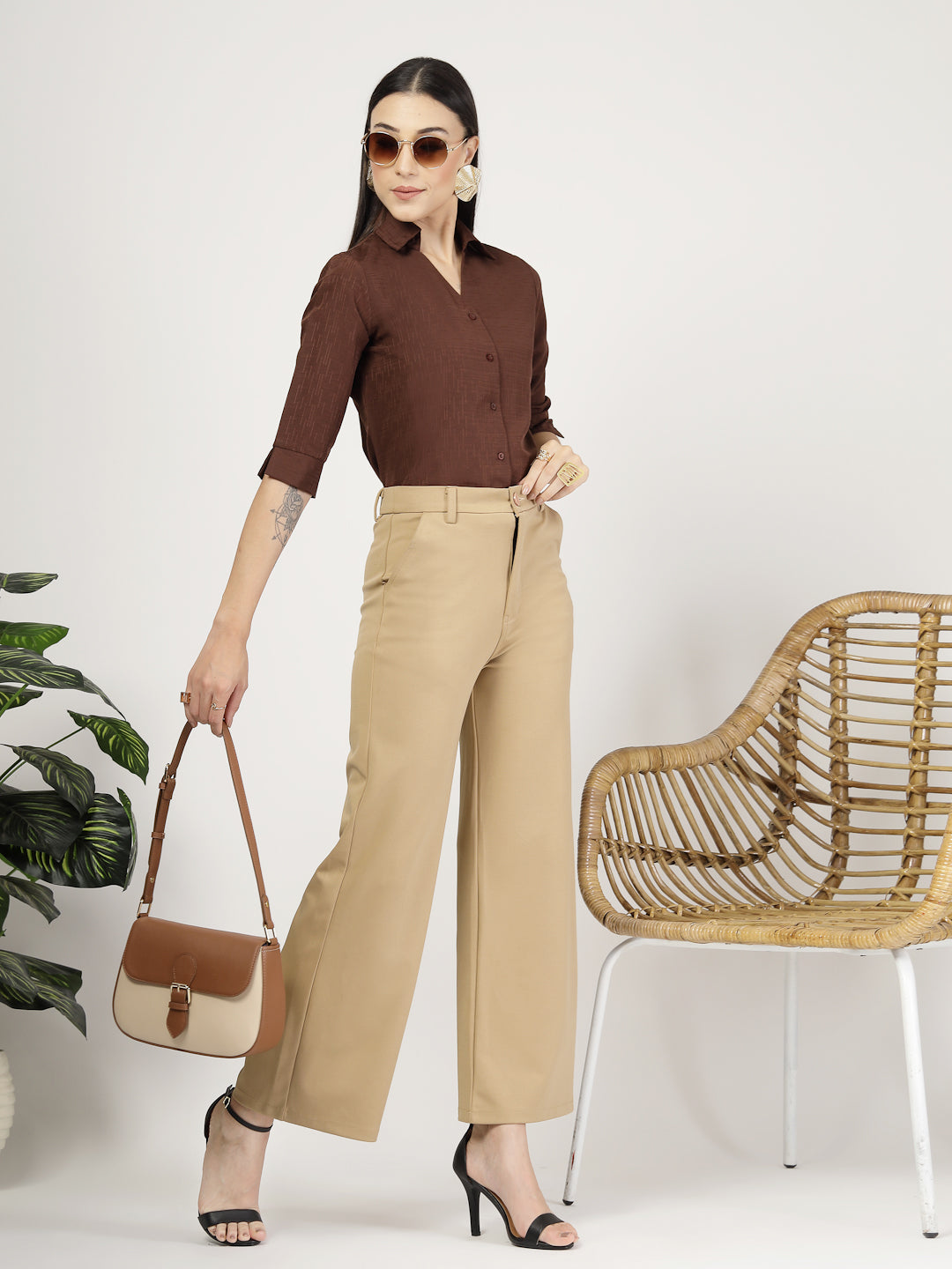 Style Quotient Women Texture Brown Formal Shirt