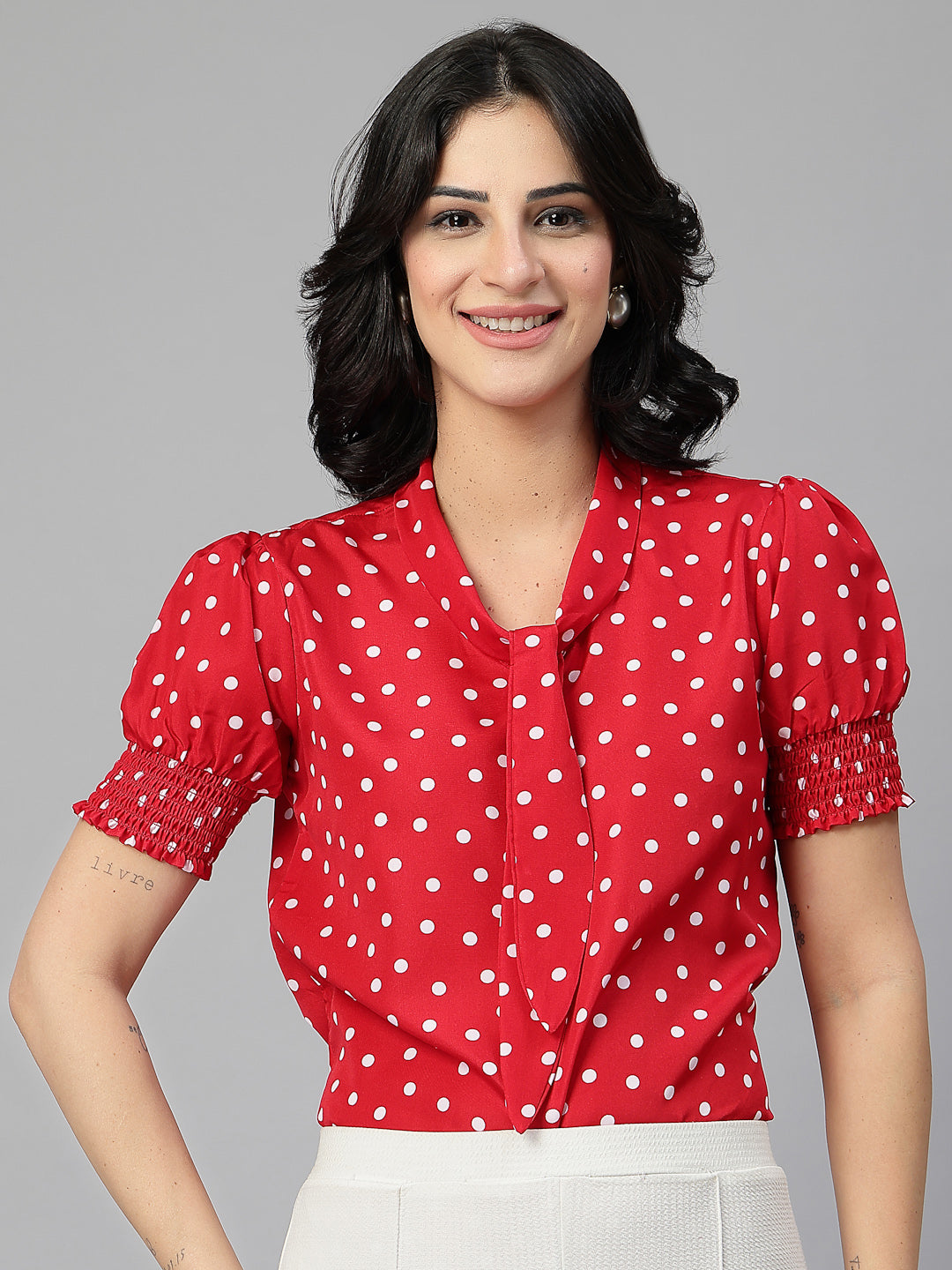 Style Quotient Women Polka Printed Red White Polycrepe Semi Formal Top