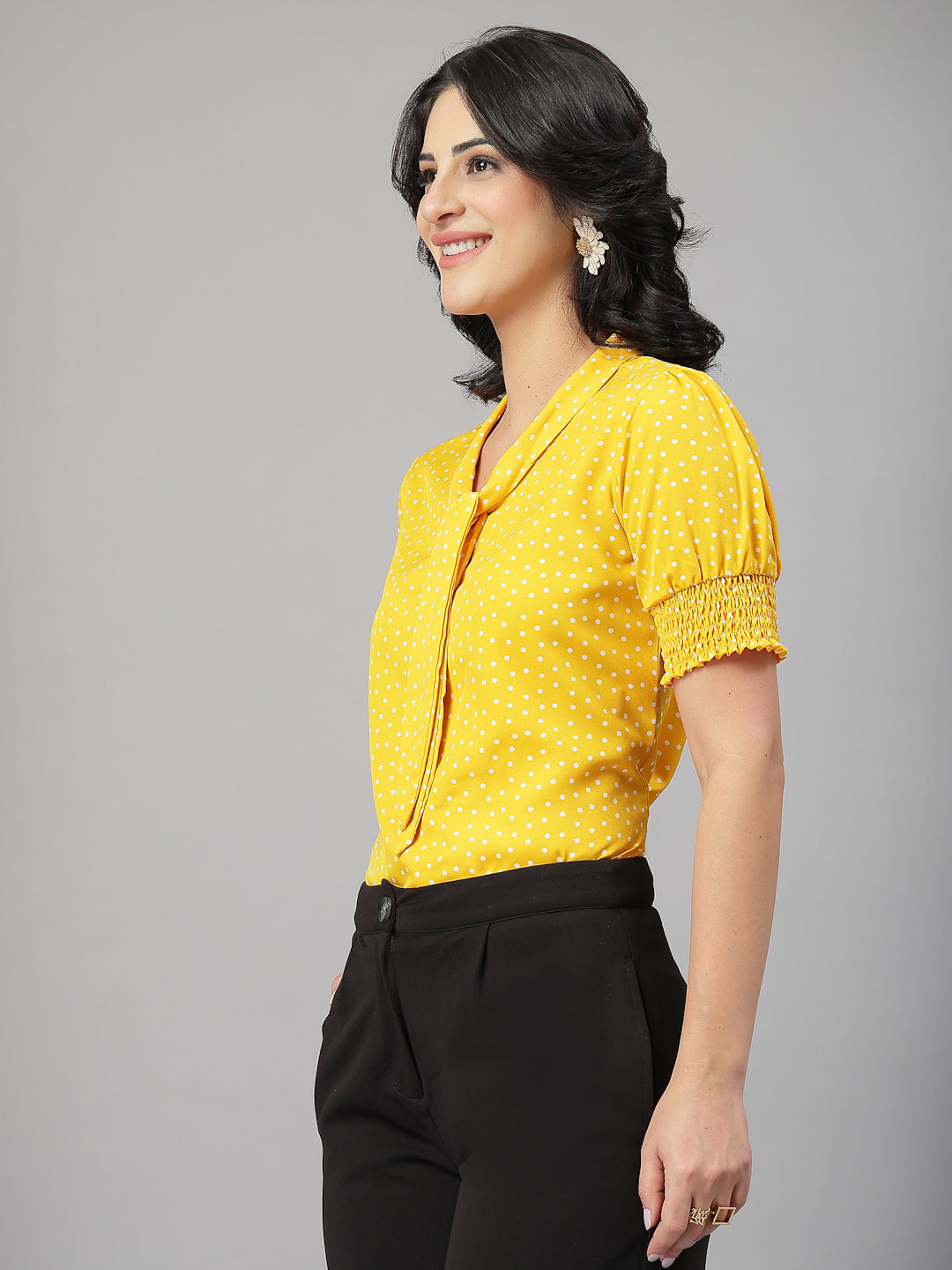 Style Quotient Women Polka Printed Yellow White Polycrepe Semi Formal Top