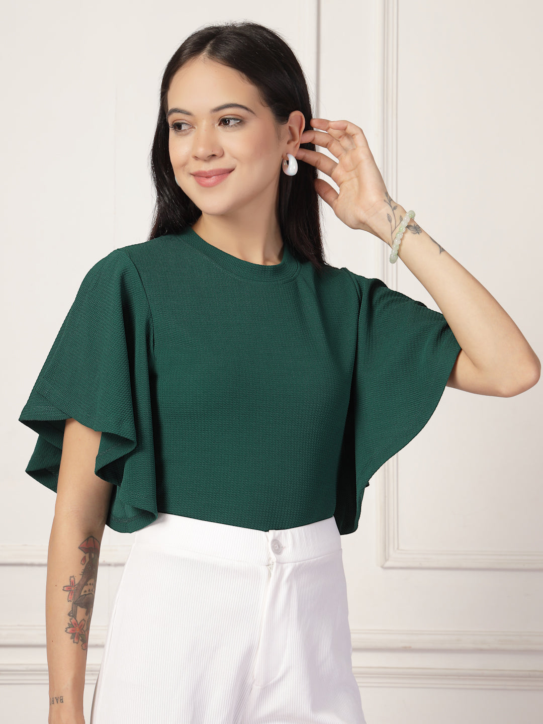 Style Quotient Women Solid Embrald Green Polyknit Semi Formal Top