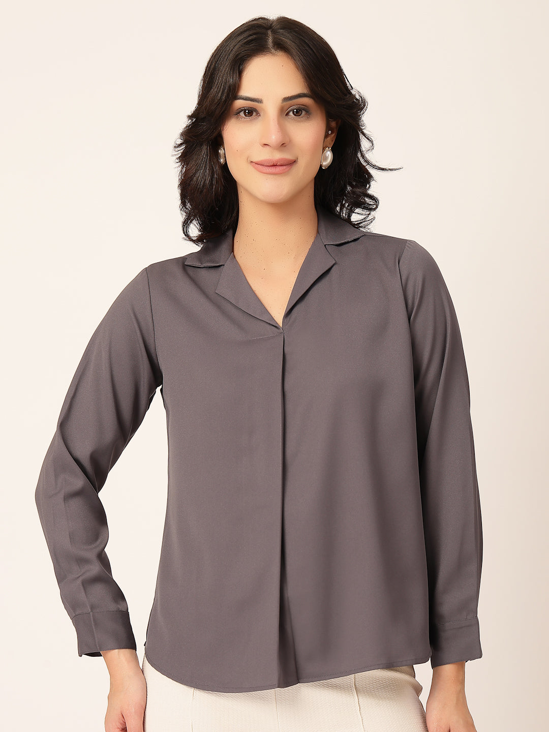 Style Quotient Women Solid Grey Polymoss Shirt Style Top