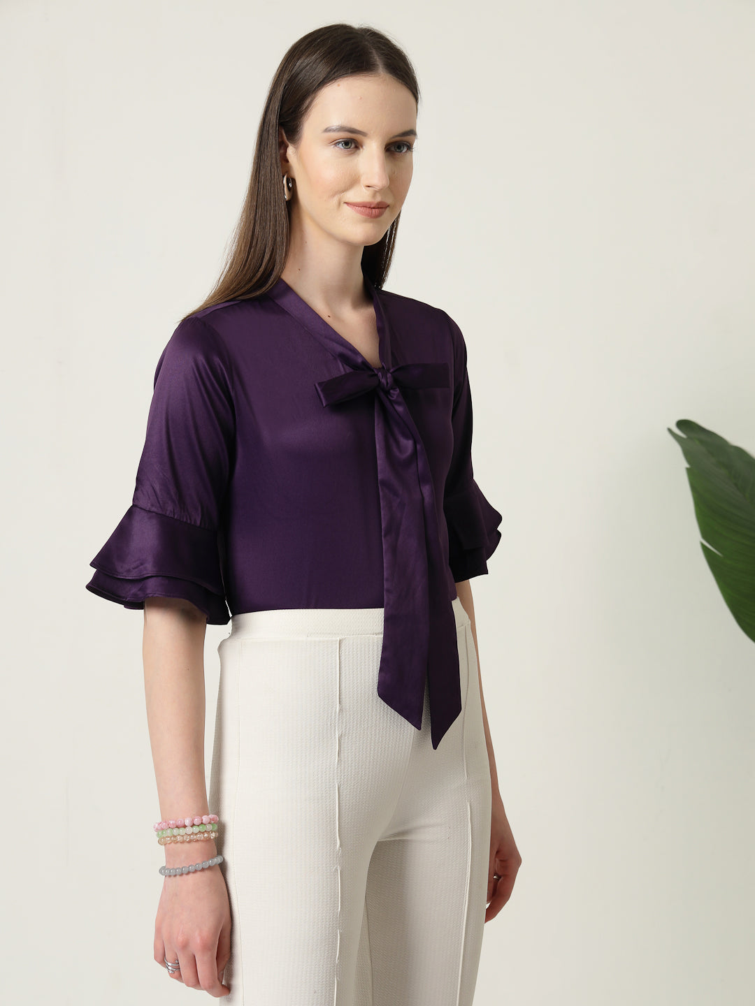 Style Quotient Women Solid Wine Satin Bell Sleeve Regular Top