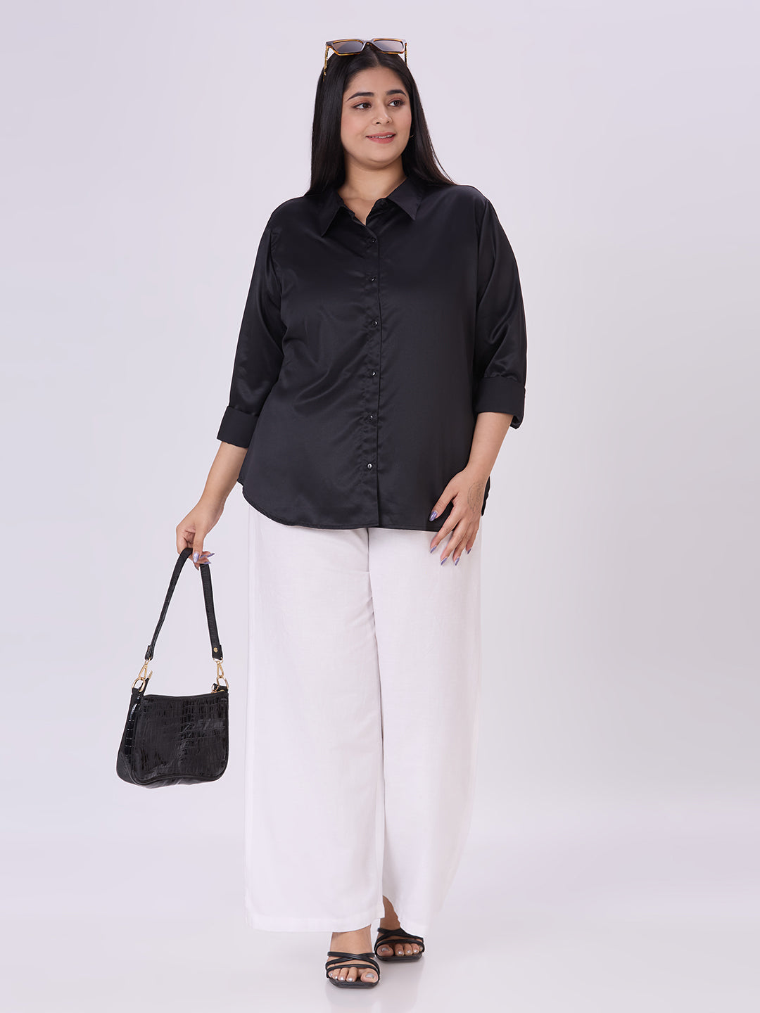 Style Quotient Women Black Satin Formal Shirt