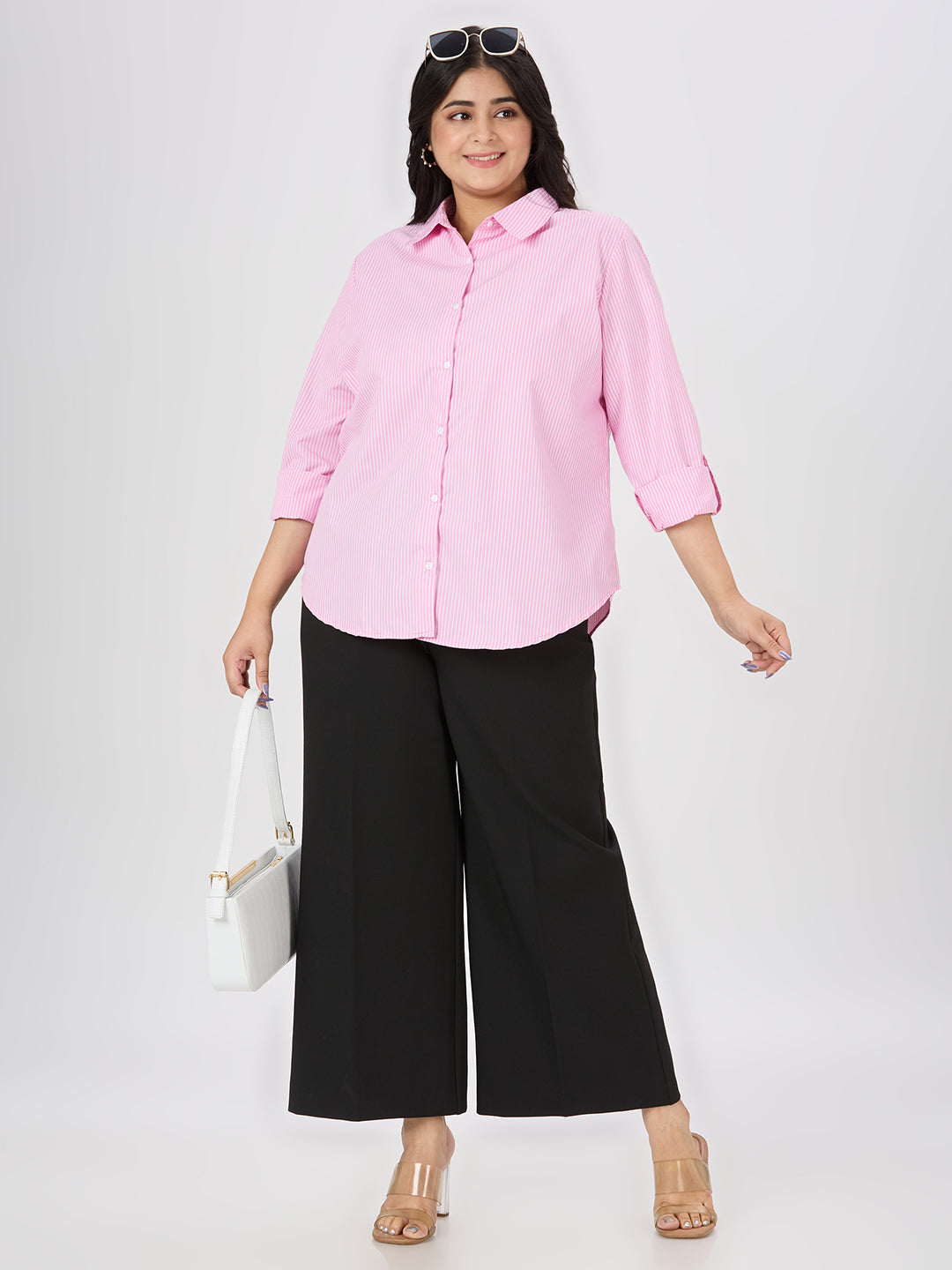 Style Quotient Plus Women Pink and White Stripe Polycotton Formal Shirt