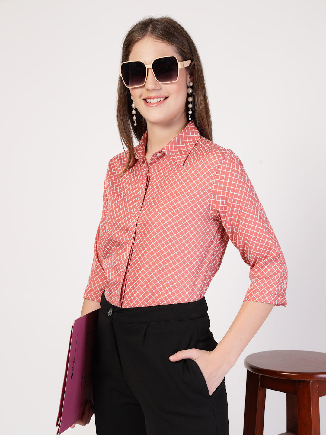 Style Quotient Women Nude White Printed Semi Formal Polyester Shirt