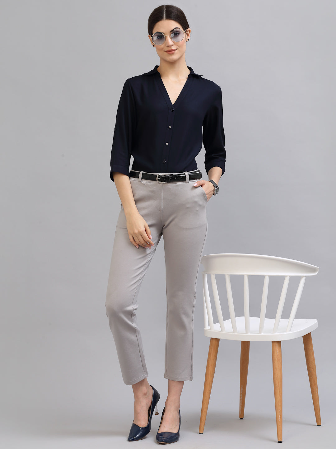 Style Quotient Women Solid Navy Viscose Rayon Semi Formal Shirt