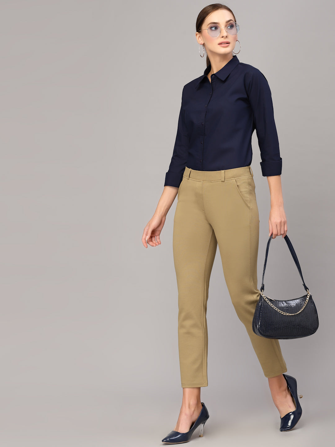 Style Quotient Women Solid Navy Polycotton Regular Formal Shirt