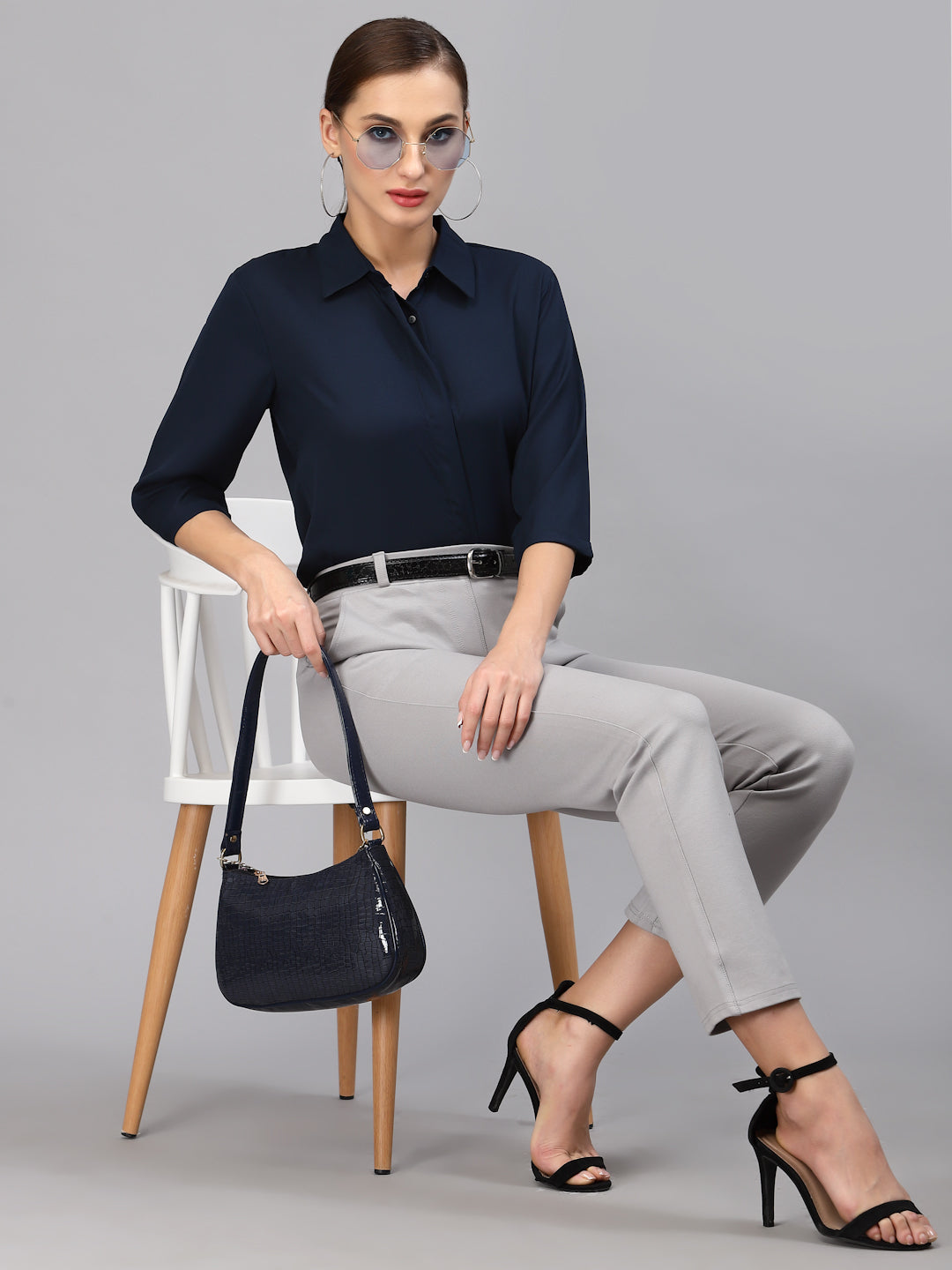 Style Quotient Women Solid Navy Poly Moss Regular Formal Shirt