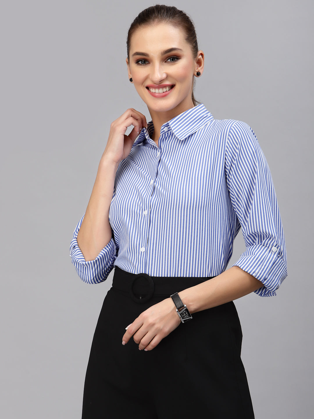 Blue Striped Shirt With Blue Pants Style Quotient Women Blue