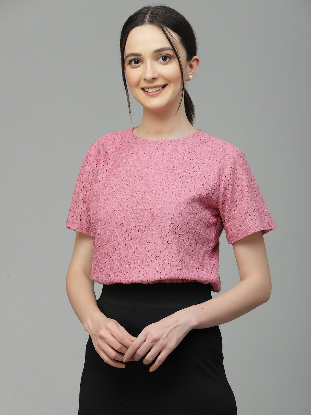 Style Quotient Women Pink Self Design Cotton Lace Regular Smart Top