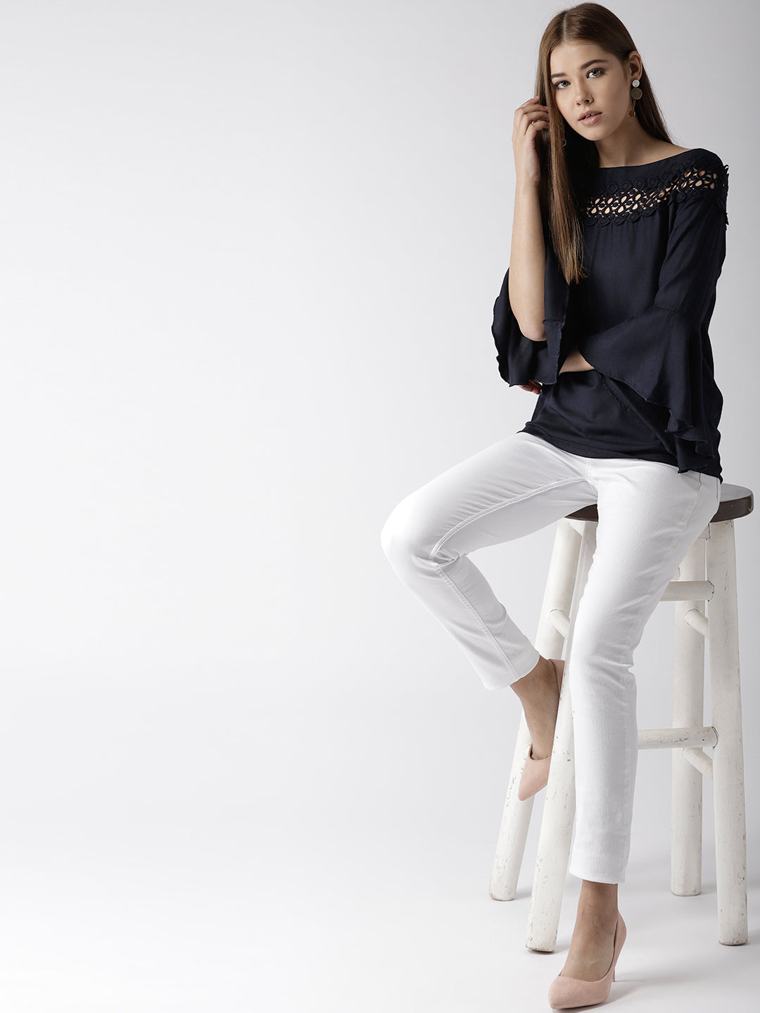 Style Quotient Women Solid Navy Viscose Rayon Smart Casual Top