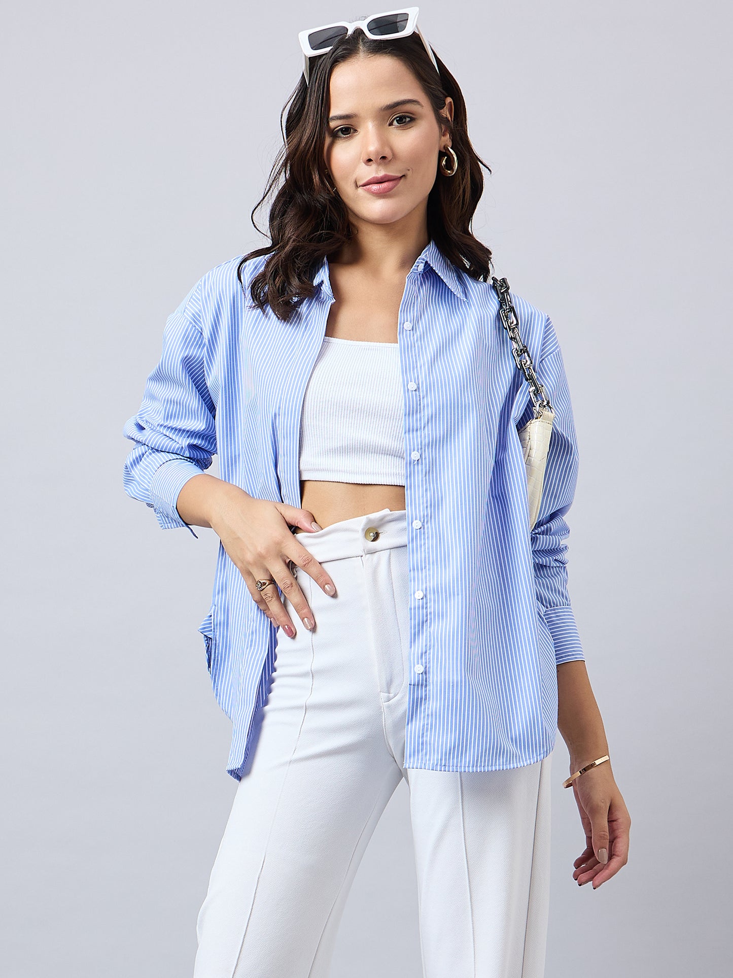 Style Quotient Women Solid Blue And White Smart Casual Oversized Polycotton Shirt