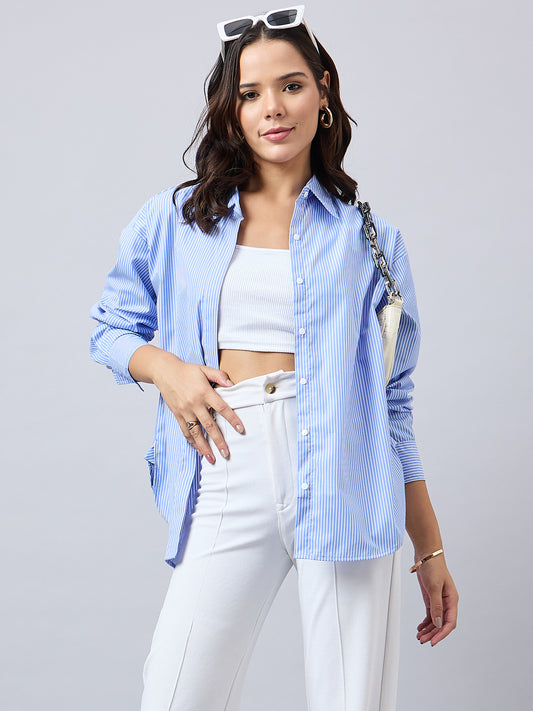 Style Quotient Women Solid Blue And White Smart Casual Oversized Polycotton Shirt