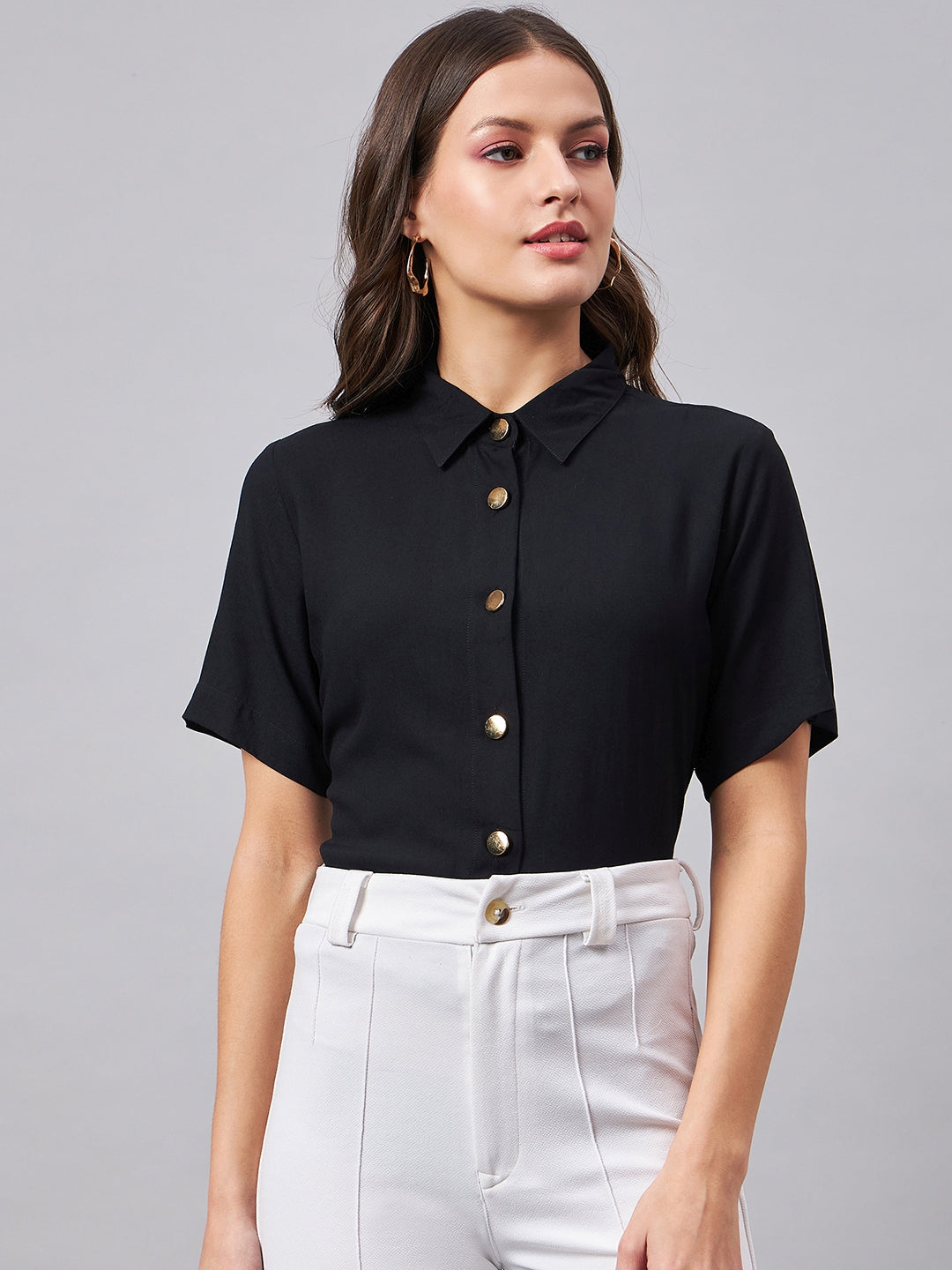 Style Quotient Women Smart Black Spread Collar Short Sleeve Shirt