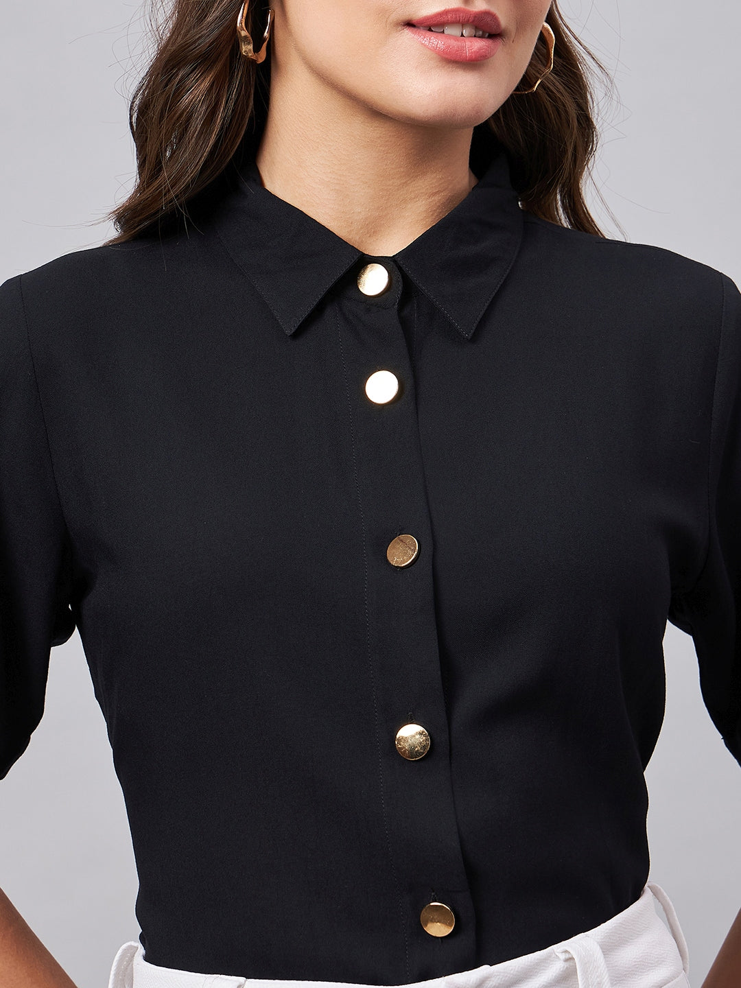 Style Quotient Women Smart Black Spread Collar Short Sleeve Shirt