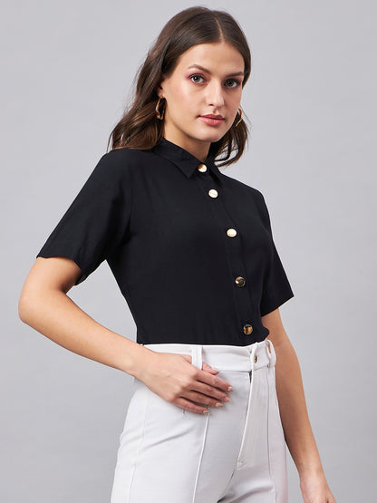 Style Quotient Women Smart Black Spread Collar Short Sleeve Shirt