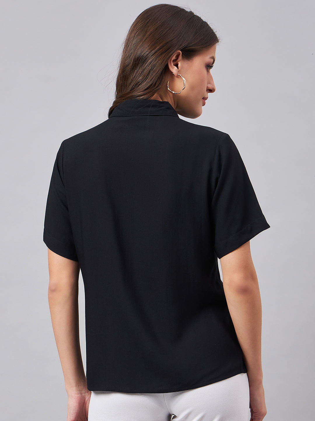 Style Quotient Women Smart Black Spread Collar Short Sleeve Shirt