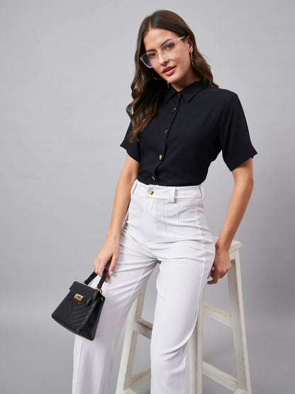 Style Quotient Women Smart Black Spread Collar Short Sleeve Shirt