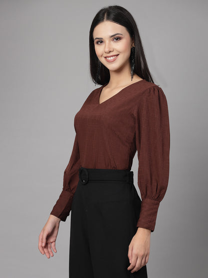 Style Quotient Women Brown Self Design Polyester Regular Formal Top