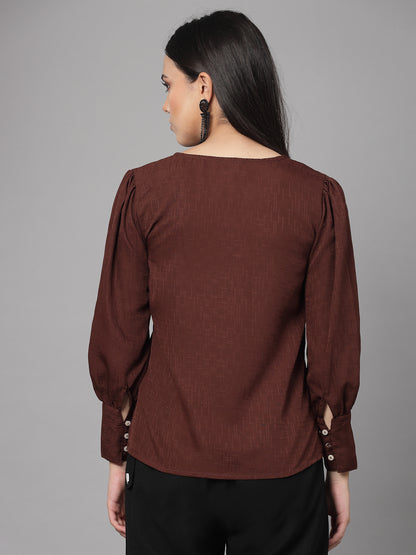 Style Quotient Women Brown Self Design Polyester Regular Formal Top