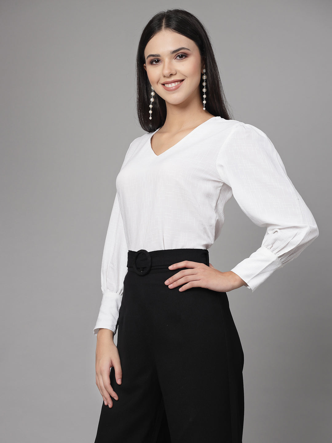 Style Quotient Women White Self Design Polyester Regular Formal Top