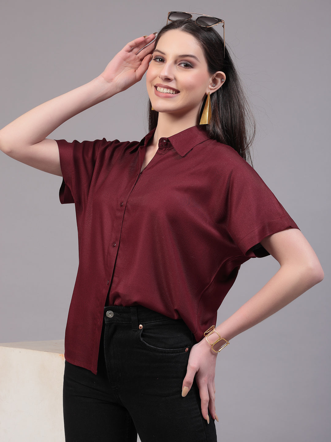 Style Quotient Women Relaxed Fit Maroon Spread Collar Extended Sleeve Shirt