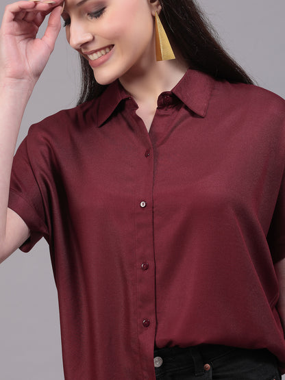 Style Quotient Women Relaxed Fit Maroon Spread Collar Extended Sleeve Shirt