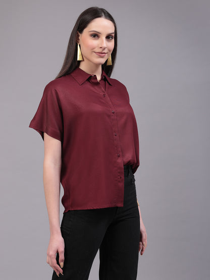 Style Quotient Women Relaxed Fit Maroon Spread Collar Extended Sleeve Shirt