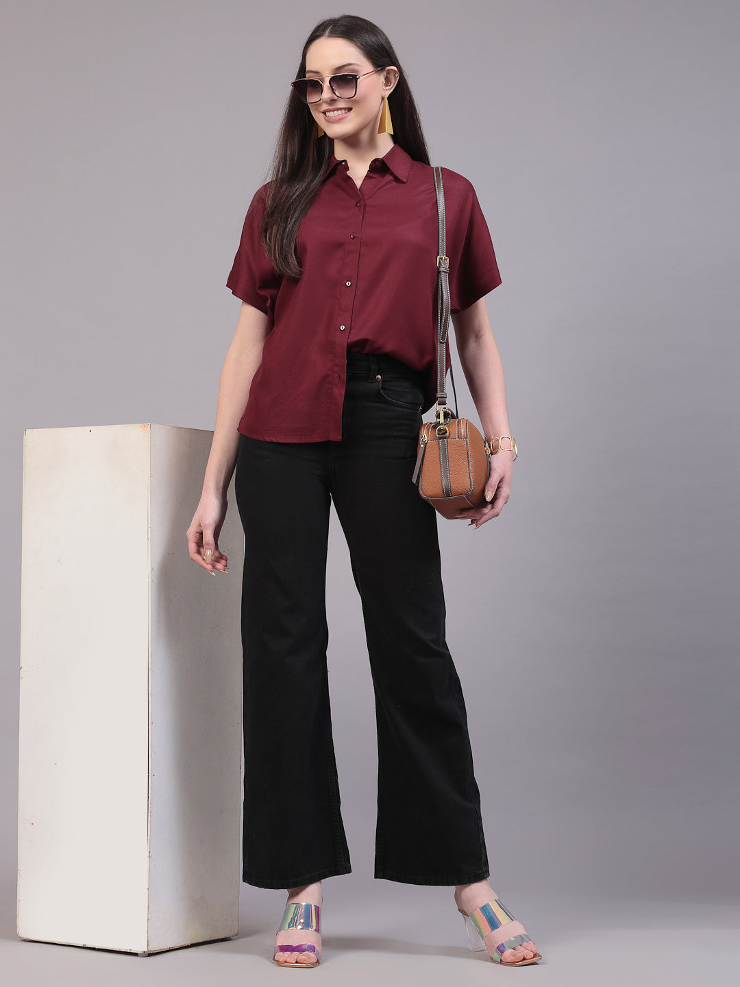 Style Quotient Women Relaxed Fit Maroon Spread Collar Extended Sleeve Shirt