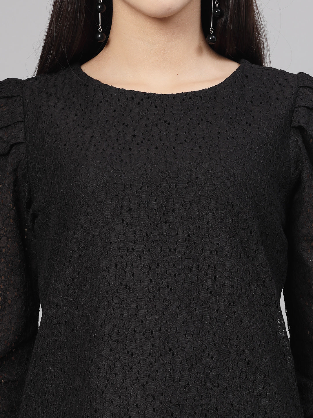 Style Quotient Women Black Self Design Floral Lace Regular Formal Top