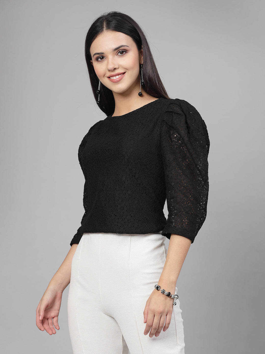 Style Quotient Women Black Self Design Floral Lace Regular Formal Top