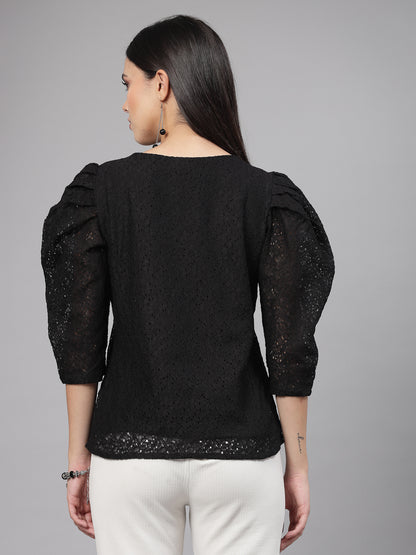 Style Quotient Women Black Self Design Floral Lace Regular Formal Top