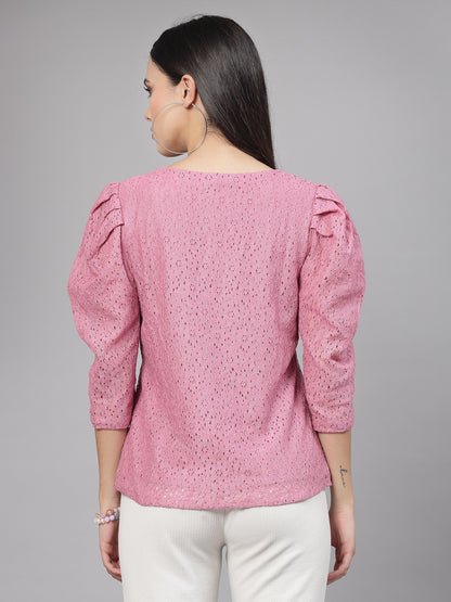 Style Quotient Women Pink Self Design Floral Lace Regular Formal Top