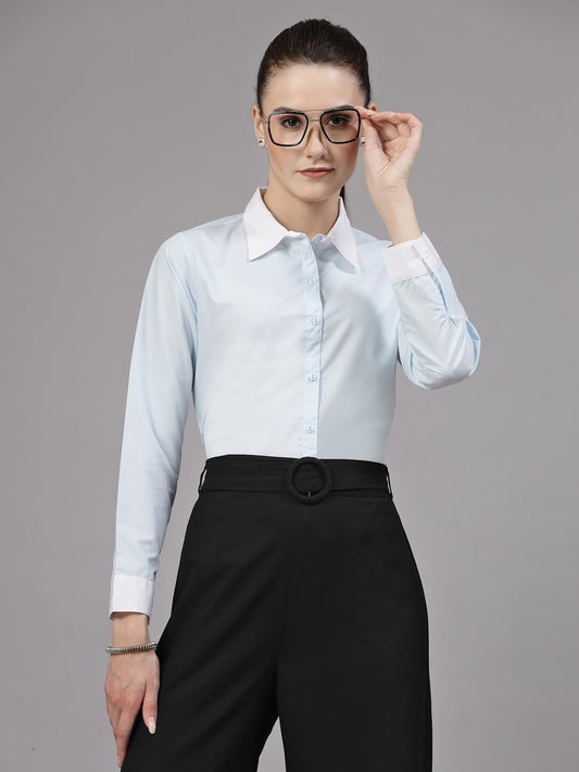 Style Quotient Women Sky Blue and White Colorblock Polycotton Regular Shirt