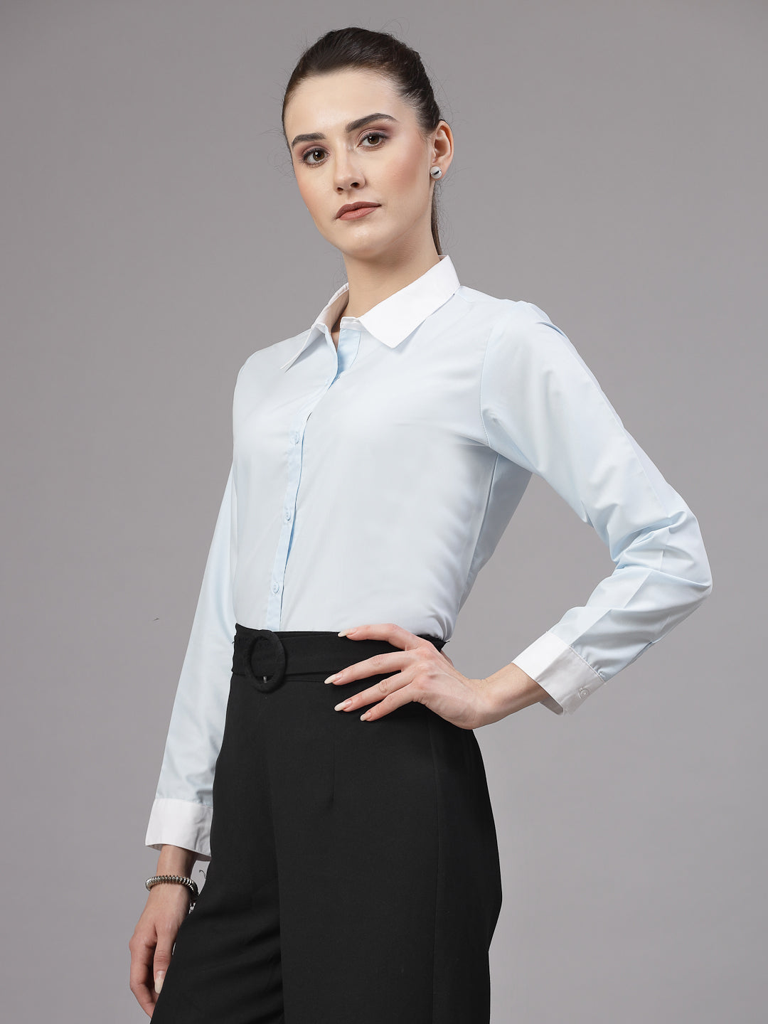 Style Quotient Women Sky Blue and White Colorblock Polycotton Regular Shirt