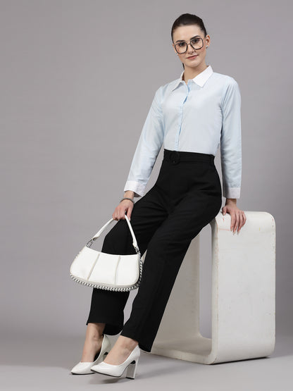 Style Quotient Women Sky Blue and White Colorblock Polycotton Regular Shirt