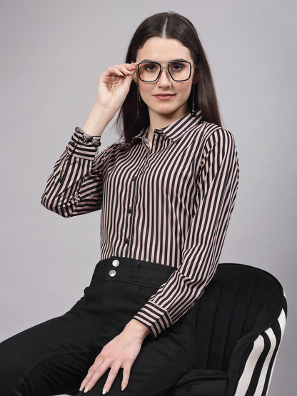 Style Quotient Women Nude and Black Polyester Striped Regular Formal Shirt