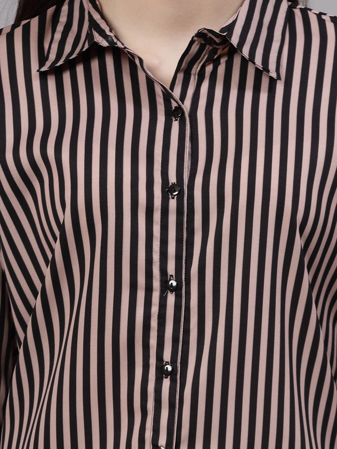 Style Quotient Women Nude and Black Polyester Striped Regular Formal Shirt