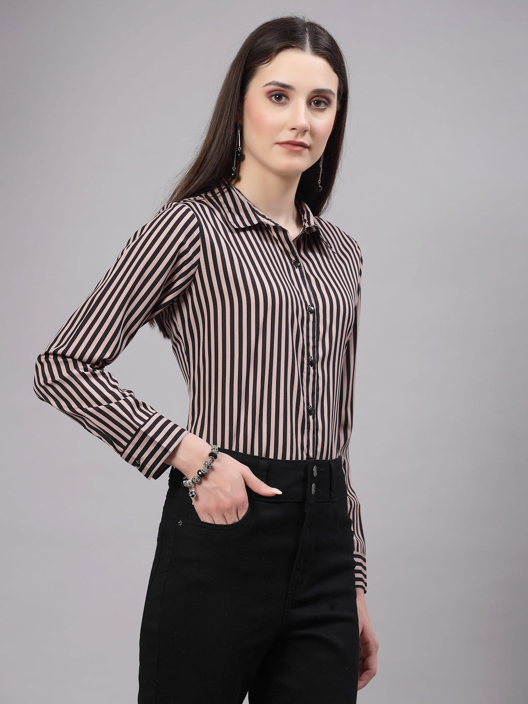 Style Quotient Women Nude and Black Polyester Striped Regular Formal Shirt