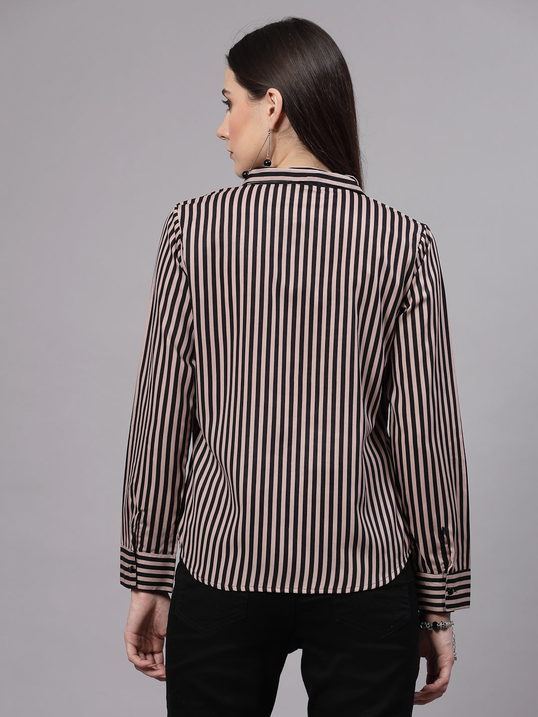 Style Quotient Women Nude and Black Polyester Striped Regular Formal Shirt